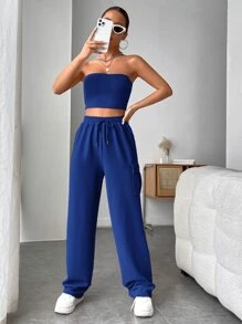 Muchica Bộ đồ hai mảnh nữ Lộ Lưng Dây kéo Túi màu trơn Giải trí - Màu xanh lam - Xem 5