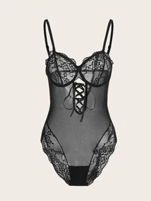 ROMWE Goth 繫帶蕾絲拼接性感緊身連體衣 - 黑色 - 查看 5