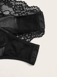 ROMWE Goth 繫帶蕾絲拼接性感緊身連體衣 - 黑色 - 查看 3