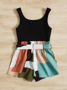 SHEIN Young Girl Toddler Girls Colorblock Belted Tank Romper