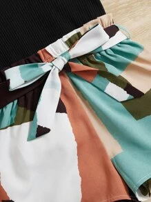 SHEIN Young Girl Toddler Girls Colorblock Belted Tank Romper