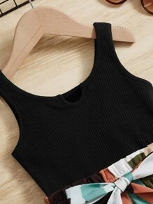 SHEIN Young Girl Toddler Girls Colorblock Belted Tank Romper