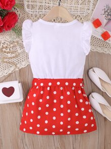 SHEIN Niñas Vestido con estampado de corazón ribete con fruncido - Rojo y blanco - Ver 2
