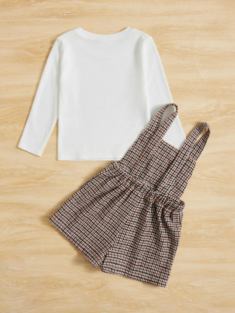 Young Girl Mock Neck Tee & Plaid Print Overall Dress