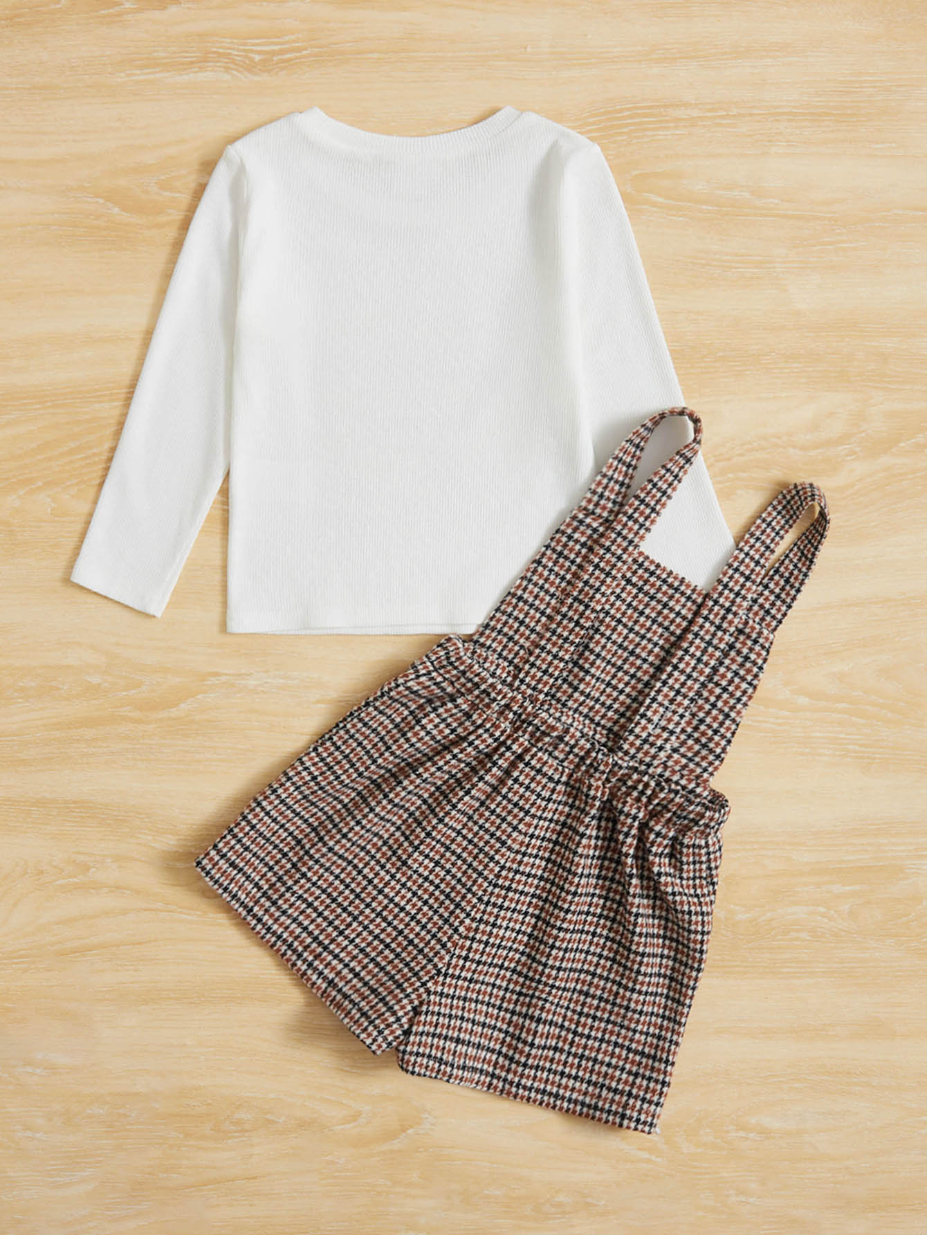 Young Girl Mock Neck Tee & Plaid Print Overall Dress