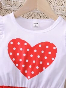 SHEIN Niñas Vestido con estampado de corazón ribete con fruncido - Rojo y blanco - Ver 4