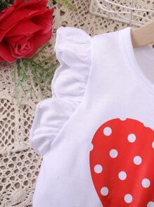 SHEIN Niñas Vestido con estampado de corazón ribete con fruncido - Rojo y blanco - Ver 5