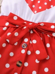 SHEIN Niñas Vestido con estampado de corazón ribete con fruncido - Rojo y blanco - Ver 6
