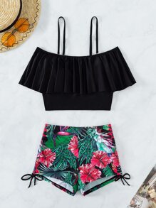 Swim Lushoire Summer Beach Tropical Tankini Set Cold Shoulder Ruffle Top & High Waisted Shorts 2 Piece Bathing Suit - Multicolor - View 3
