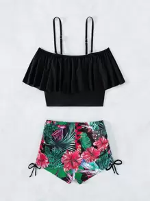 Swim Lushoire Summer Beach Tropical Tankini Set Cold Shoulder Ruffle Top & High Waisted Shorts 2 Piece Bathing Suit - Multicolor - View 2