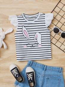 SHEIN Toddler Girls Striped & Cartoon Graphic Ruffle Trim Tank Top - Black and White - View 1