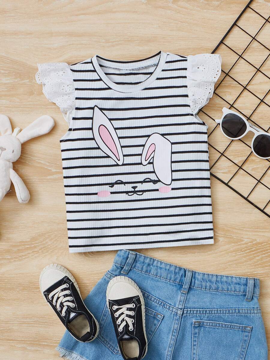 SHEIN Toddler Girls Striped & Cartoon Graphic Ruffle Trim Tank Top - Black and White - View 1