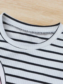 SHEIN Toddler Girls Striped & Cartoon Graphic Ruffle Trim Tank Top - Black and White - View 4