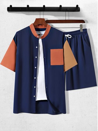 Manfinity Men Colorblock Patched Pocket Shirt & Drawstring Waist Shorts Without Tee