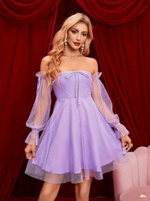 Double Crazy Đầm Tương phản Mesh Thắt nút Xù Dây kéo màu trơn Buổi tiệc - Màu Lilac Tím - Xem 1