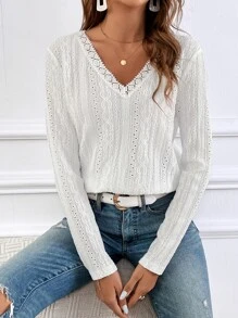 SHEIN Frenchy Eyelet Embroidery V Neck Tee Winter White White Casual - White - View 5