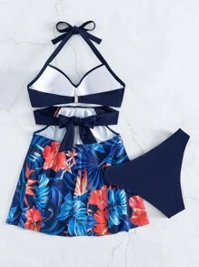 Swim Lushoire Summer Beach Tropical Print Tankini Set Wrap Cross Push Up Swim Dress & Hipster Bottom 2 Piece Bathing Suit