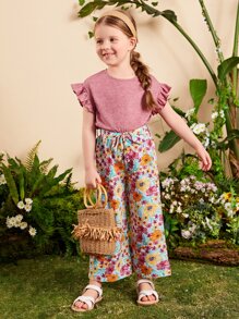 SHEIN Young Girl Flounce Sleeve Tee & Floral Print Belted Pants - Multicolor - View 1