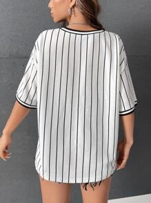 SHEIN EZwear Bloke Core Striped & Letter Graphic Drop Shoulder Tee - Black and White - View 2
