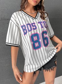 SHEIN EZwear Bloke Core Striped & Letter Graphic Drop Shoulder Tee - Black and White - View 3