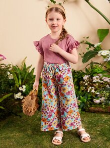 SHEIN Young Girl Flounce Sleeve Tee & Floral Print Belted Pants - Multicolor - View 3