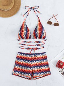 Chevron Print Halter Summer Beach Bikini Set - Multicolor - View 3