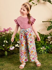 SHEIN Young Girl Flounce Sleeve Tee & Floral Print Belted Pants - Multicolor - View 5
