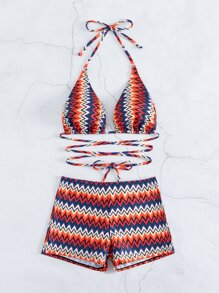 Chevron Print Halter Summer Beach Bikini Set - Multicolor - View 4