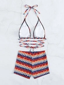 Chevron Print Halter Summer Beach Bikini Set - Multicolor - View 7