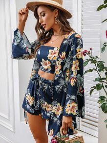 SHEIN VCAY Floral Print Open Front Blouse & Cami Top & Shorts - Navy Blue - View 6