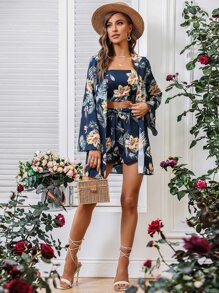 SHEIN VCAY Floral Print Open Front Blouse & Cami Top & Shorts - Navy Blue - View 7