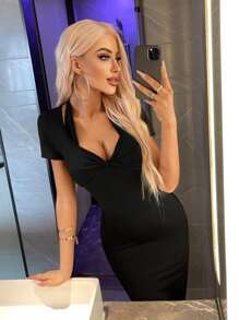 SHEIN Unity Vestido ajustado pecho con fruncido con abertura alto - Negro - Ver 1