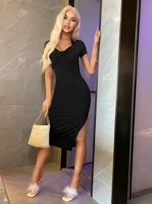 SHEIN Unity Vestido ajustado pecho con fruncido con abertura alto - Negro - Ver 6