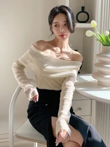 DAZY Solid Off Shoulder Top - Apricot - View 6