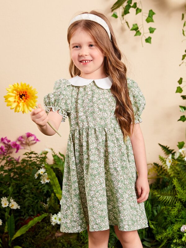 SHEIN Kids SUNSHNE Toddler Girls Ditsy Floral Contrast Collar Dress SHEIN USA