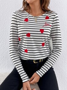 SHEIN Frenchy Áo thun nữ Thêu Tim Sọc Giải trí - Đen và trắng - Xem 1