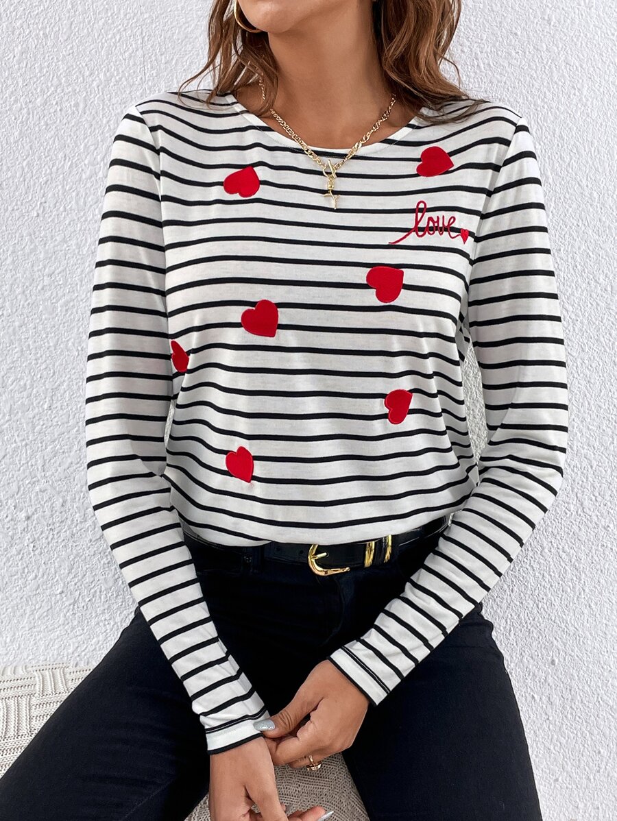 SHEIN Frenchy Áo thun nữ Thêu Tim Sọc Giải trí - Đen và trắng - Xem 1