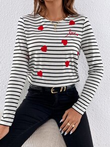 SHEIN Frenchy Áo thun nữ Thêu Tim Sọc Giải trí - Đen và trắng - Xem 3