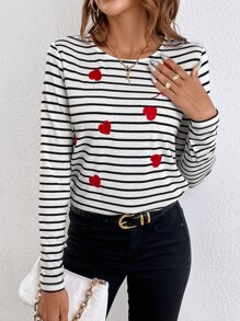 SHEIN Frenchy Áo thun nữ Thêu Tim Sọc Giải trí - Đen và trắng - Xem 2