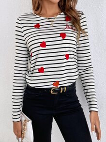SHEIN Frenchy Áo thun nữ Thêu Tim Sọc Giải trí - Đen và trắng - Xem 4