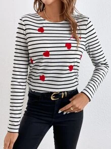SHEIN Frenchy Áo thun nữ Thêu Tim Sọc Giải trí - Đen và trắng - Xem 5
