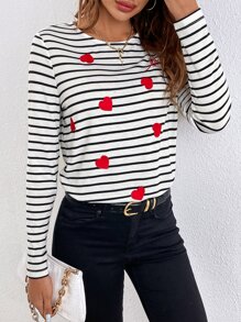 SHEIN Frenchy Áo thun nữ Thêu Tim Sọc Giải trí - Đen và trắng - Xem 6