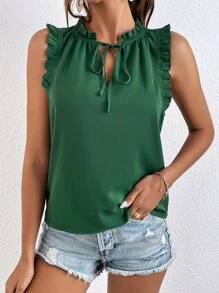 SHEIN Frenchy Tie Neck Ruffle Trim Blouse Summer Green Casual Christmas - Green - View 4