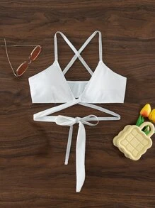 交叉後綁帶比基尼泳裝上衣 - 白色 - 查看 3