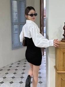 DAZY Váy sơ mi tay bồng 2 trong 1 hai tông màu, quần áo mùa thu, váy dài tay - Đen và trắng - Xem 2