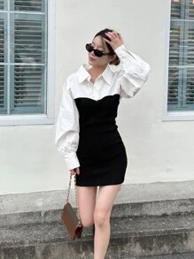 DAZY Váy sơ mi tay bồng 2 trong 1 hai tông màu, quần áo mùa thu, váy dài tay - Đen và trắng - Xem 3