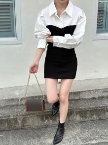 DAZY Váy sơ mi tay bồng 2 trong 1 hai tông màu, quần áo mùa thu, váy dài tay - Đen và trắng - Xem 4