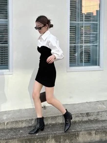 DAZY Váy sơ mi tay bồng 2 trong 1 hai tông màu, quần áo mùa thu, váy dài tay - Đen và trắng - Xem 5