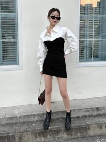 DAZY Váy sơ mi tay bồng 2 trong 1 hai tông màu, quần áo mùa thu, váy dài tay - Đen và trắng - Xem 6