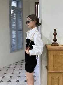 DAZY Váy sơ mi tay bồng 2 trong 1 hai tông màu, quần áo mùa thu, váy dài tay - Đen và trắng - Xem 8